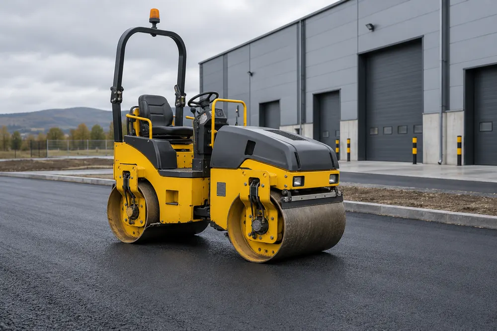 Tandem compaction roller parked on a commercial access road