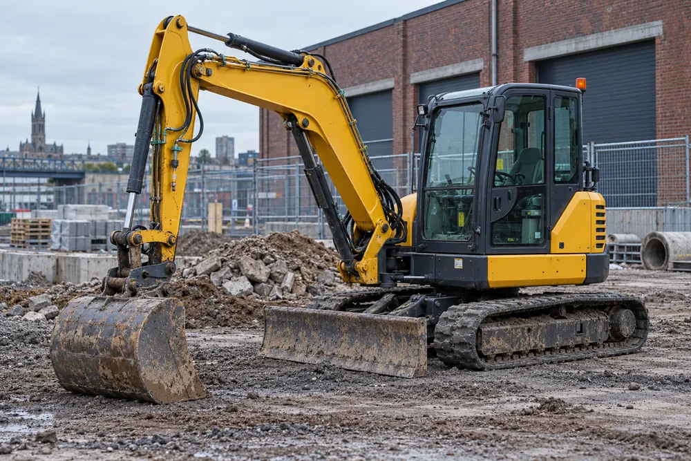 Tracked excavator with its bucket grounded beside a commercial warehouse