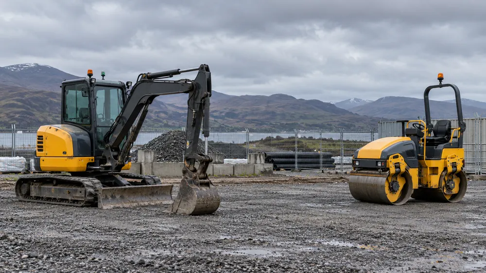 Excavator and compaction equipment parked in a secure construction compound