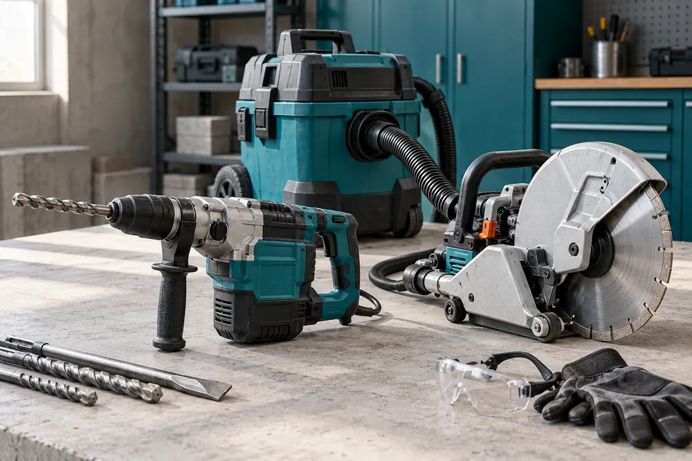 Drilling and cutting tools with dust extraction on a commercial workshop bench